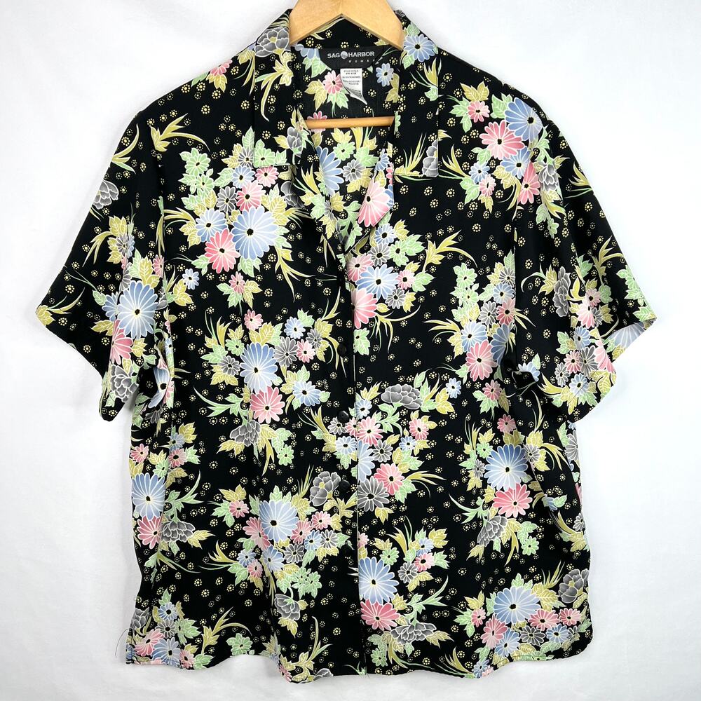Vintage Sag Harbor Woman Black Floral Button Down 1X